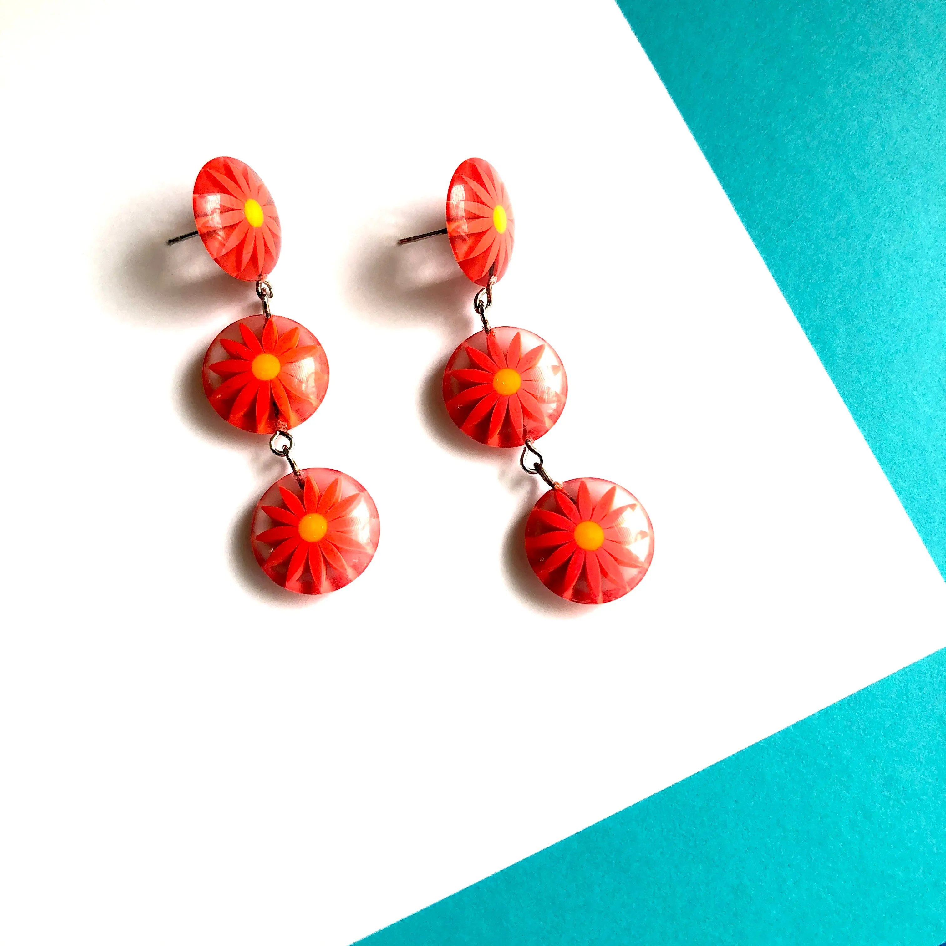 Orange Sunflower Burst Tri Dot Drop Earrings