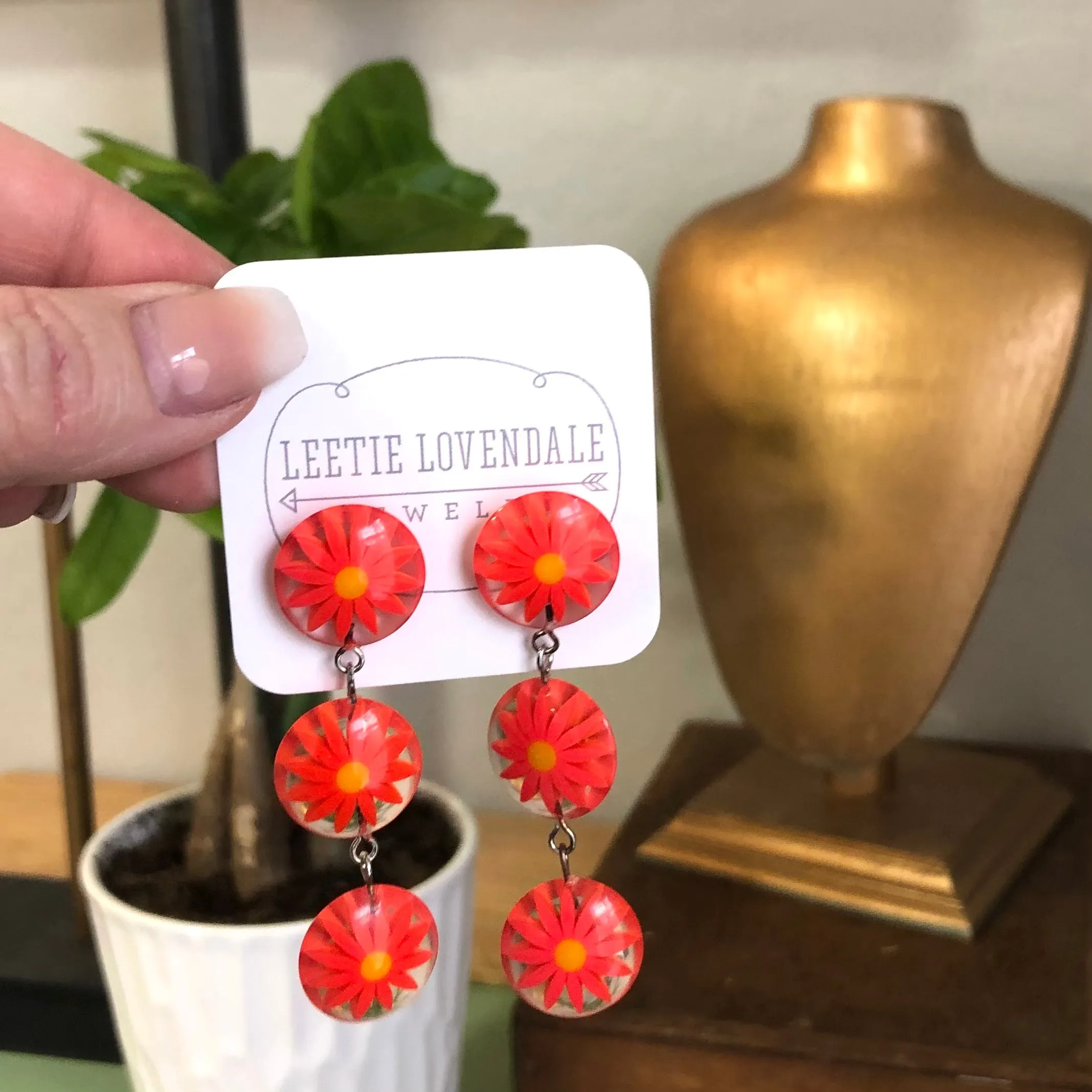 Orange Sunflower Burst Tri Dot Drop Earrings