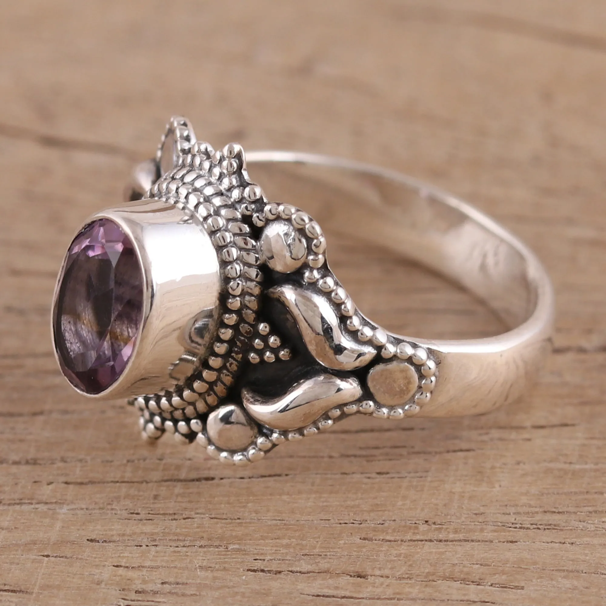 Oval Amethyst and Sterling Silver Cocktail Ring from India - Ethereal Tendrils | NOVICA