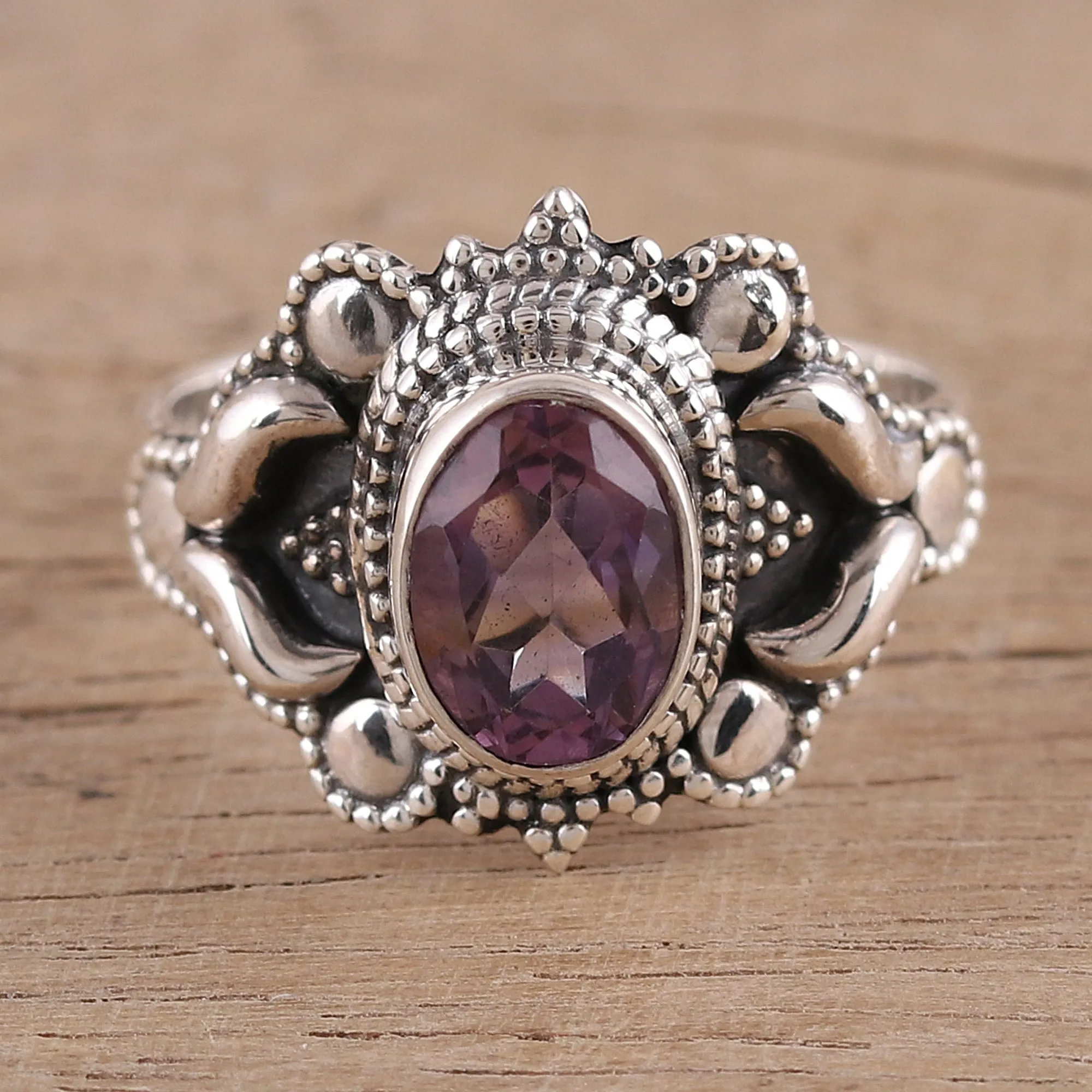 Oval Amethyst and Sterling Silver Cocktail Ring from India - Ethereal Tendrils | NOVICA