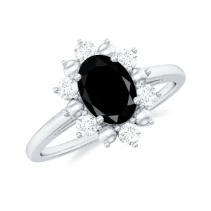 Oval Black Spinel Floral Halo Engagement Ring with Diamond