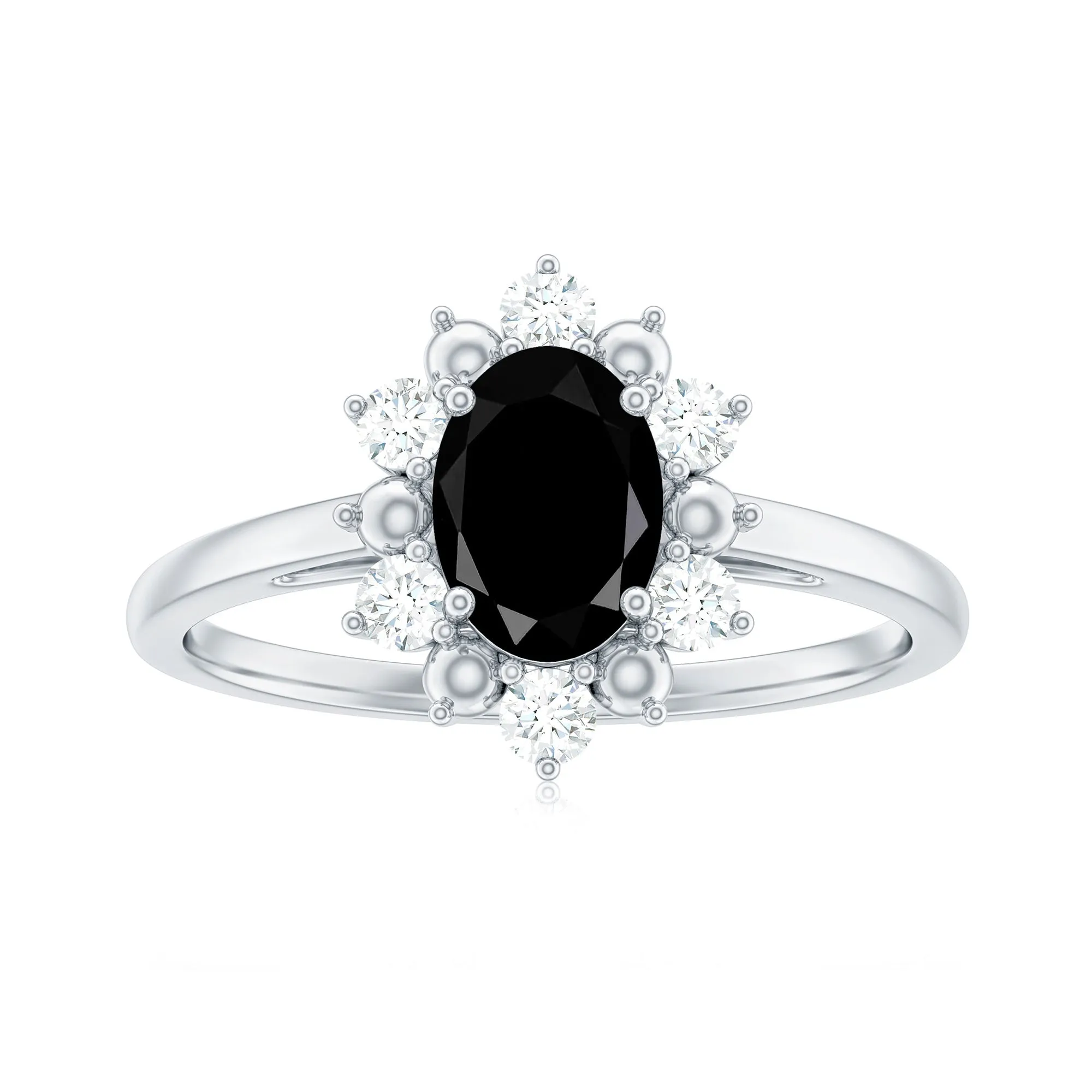 Oval Black Spinel Floral Halo Engagement Ring with Diamond