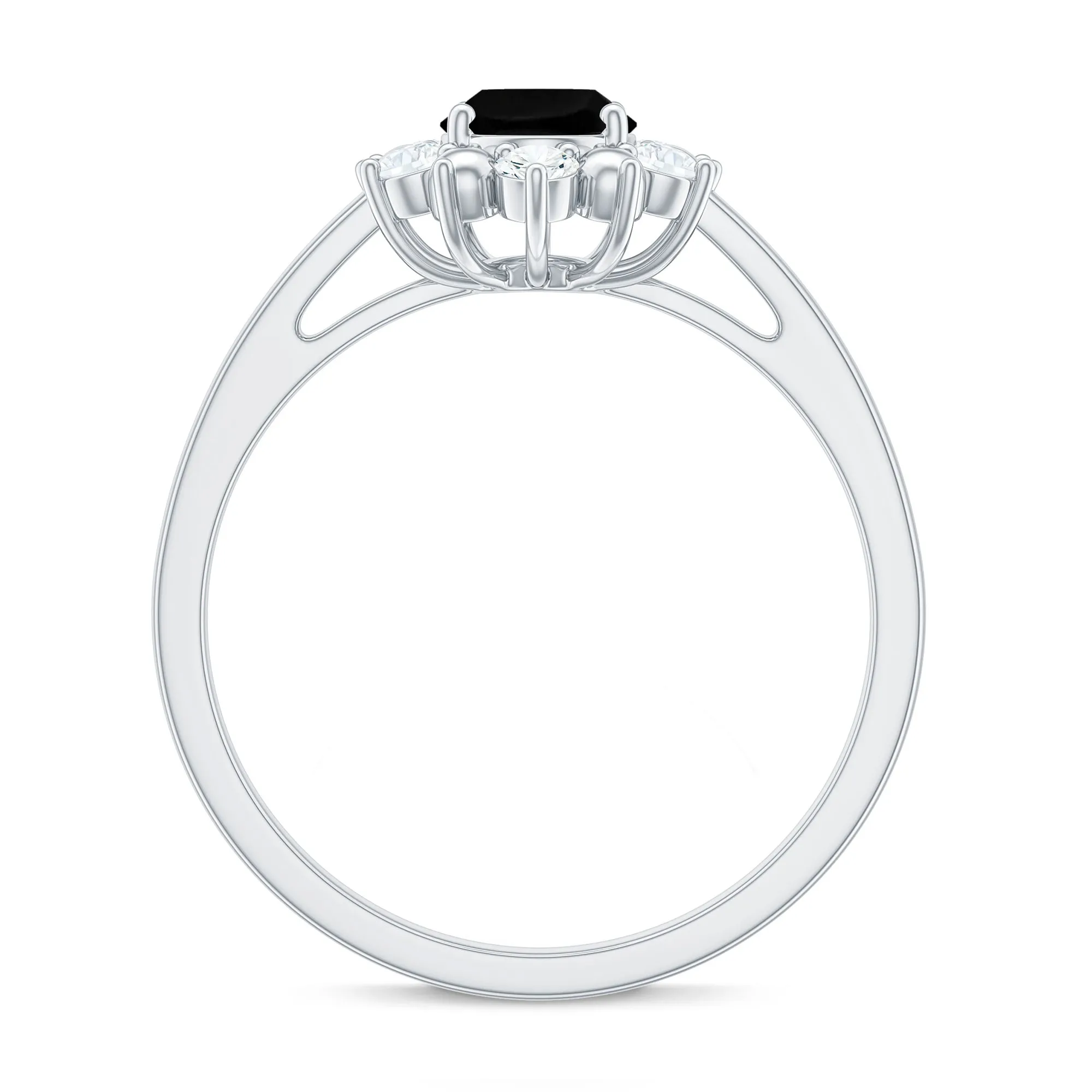 Oval Black Spinel Floral Halo Engagement Ring with Diamond