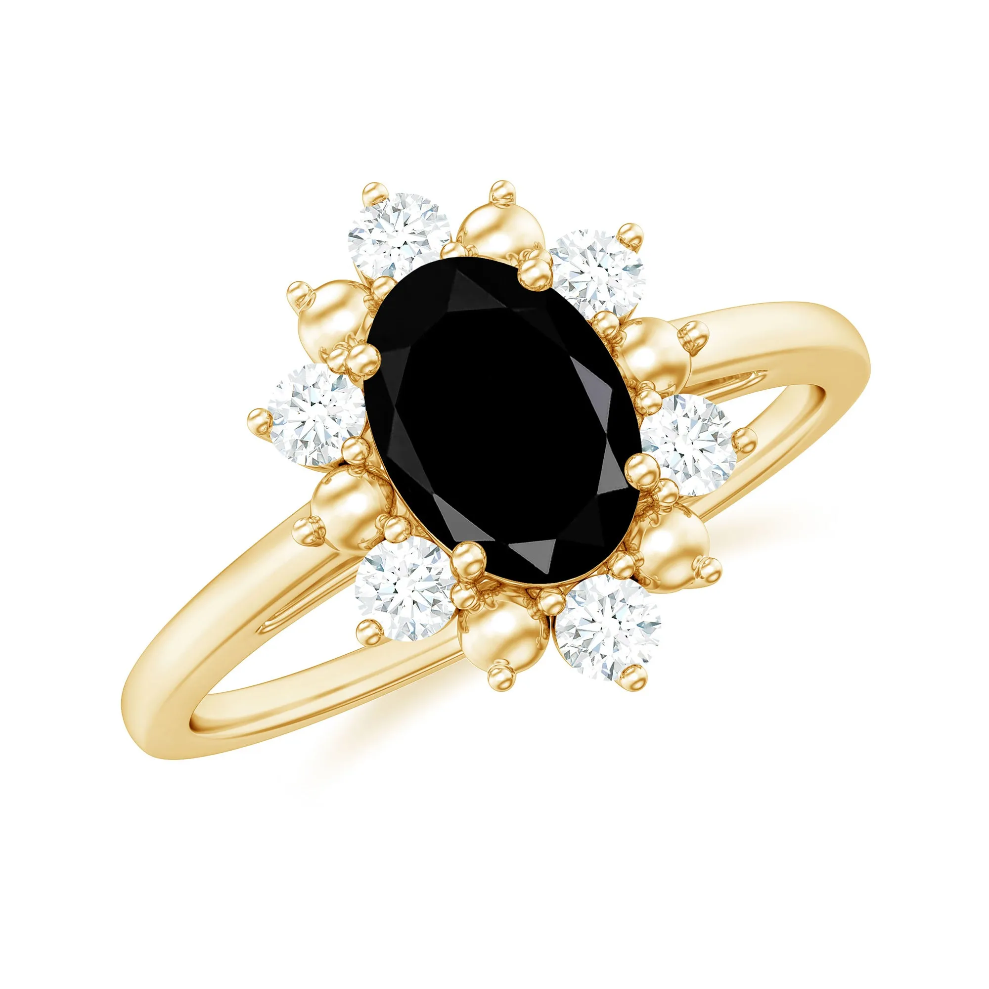 Oval Black Spinel Floral Halo Engagement Ring with Diamond