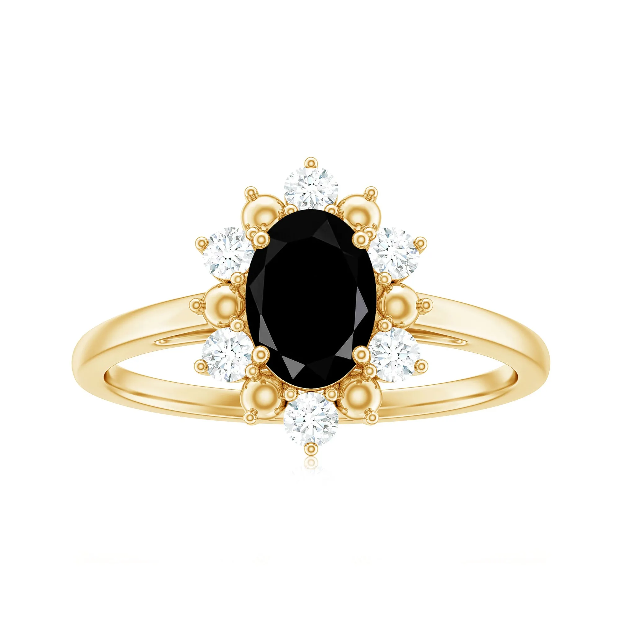 Oval Black Spinel Floral Halo Engagement Ring with Diamond