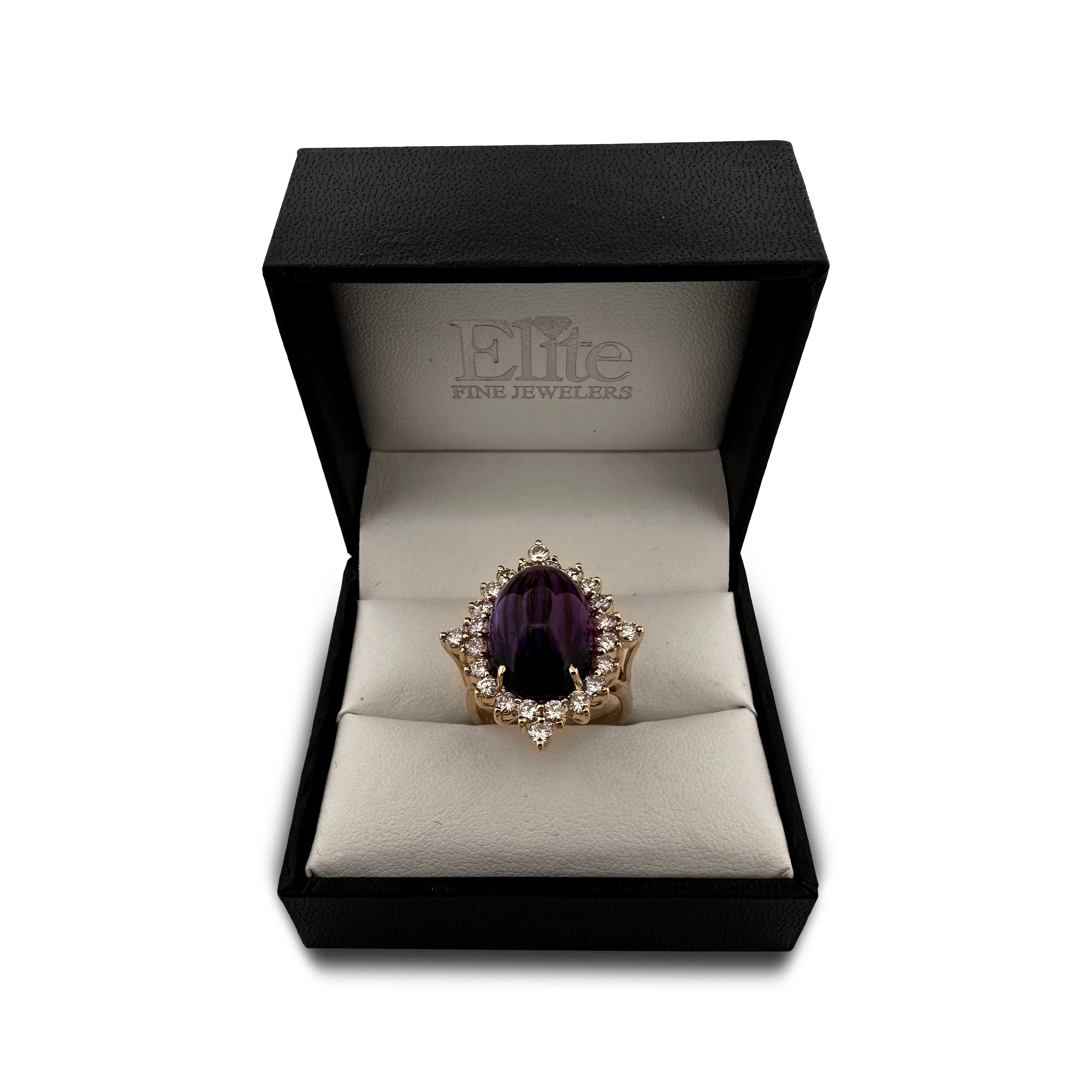 Oval Cabochon Amethyst & Round Brilliant Diamond Cocktail Ring in 14k Yellow Gold
