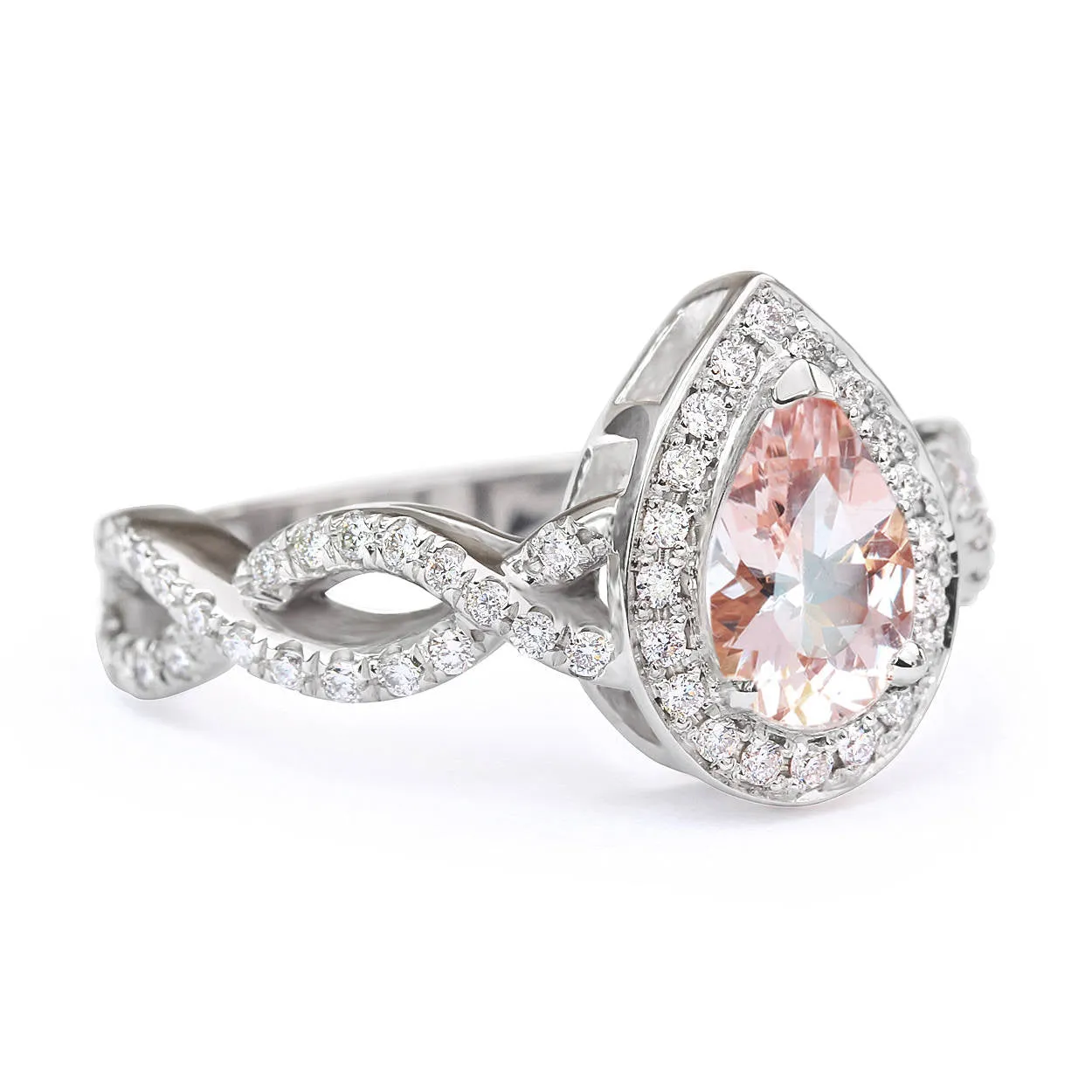 Pear Morganite & Diamond Halo, Infinity Shank Unique Engagement Ring ♥