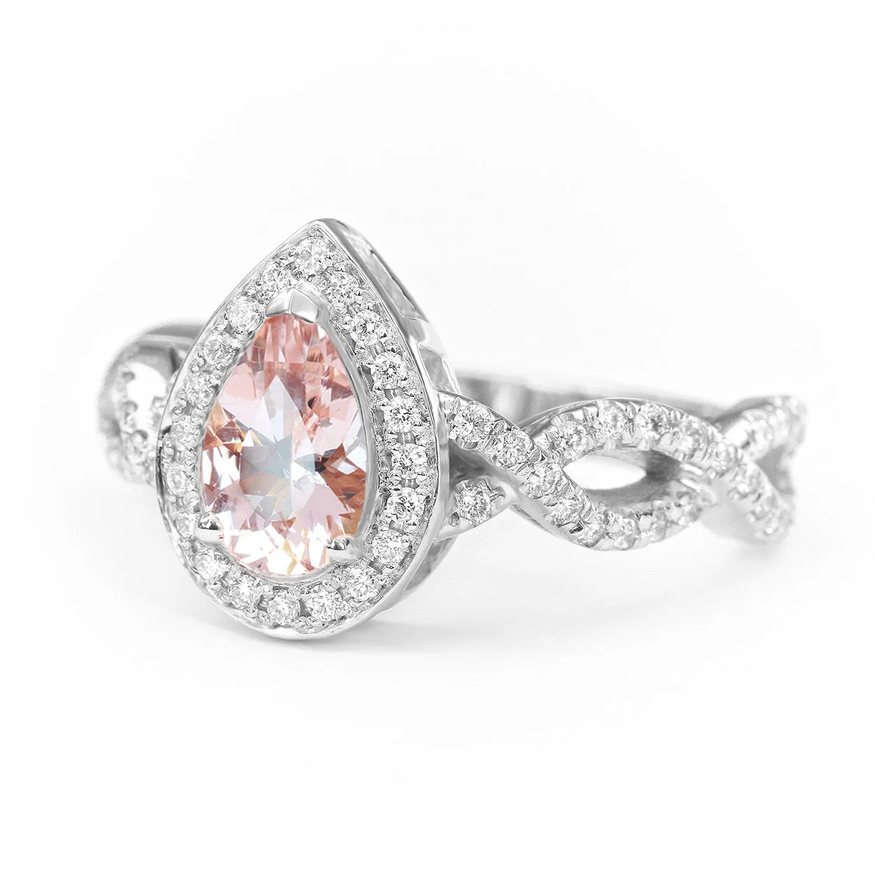Pear Morganite & Diamond Halo, Infinity Shank Unique Engagement Ring ♥