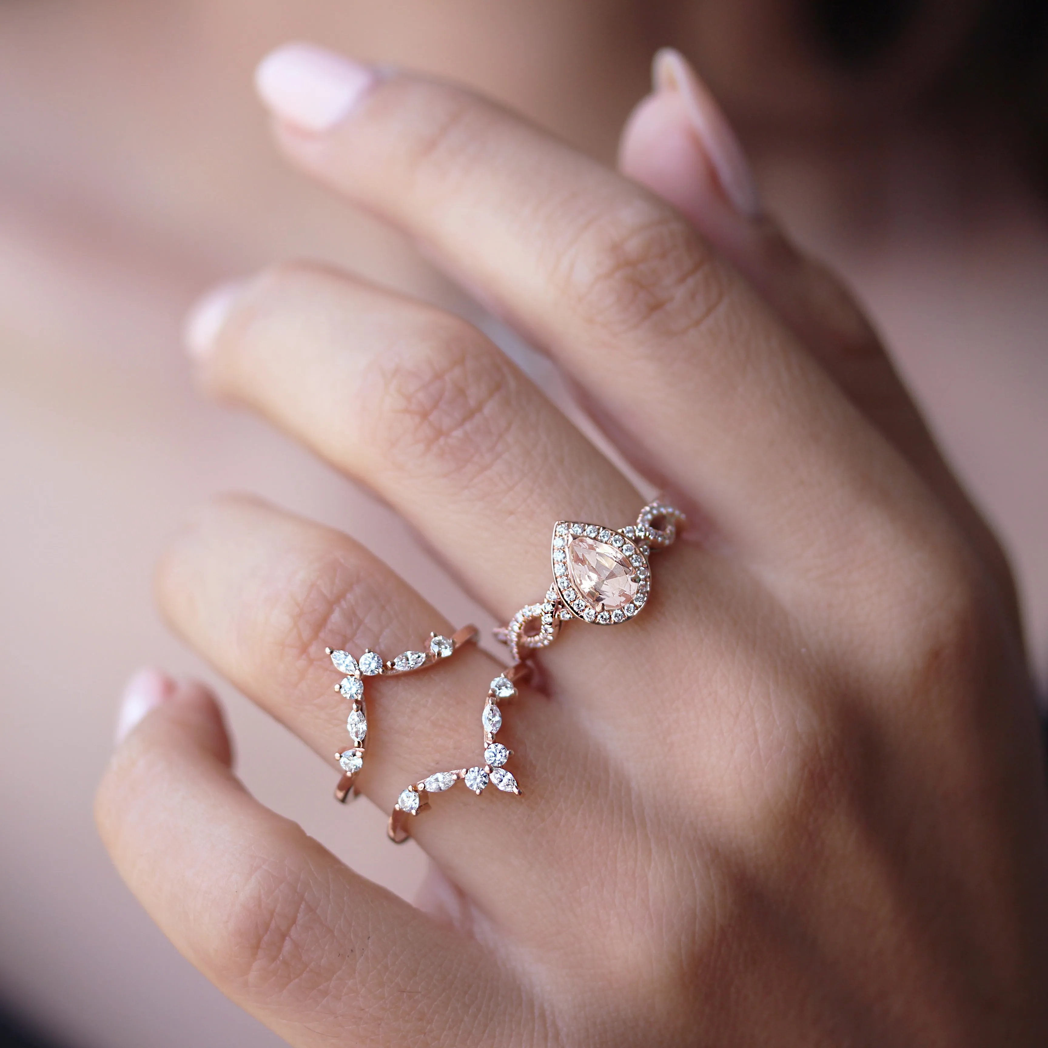 Pear Morganite & Diamond Halo, Infinity Shank Unique Engagement Ring ♥