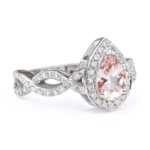 Pear Morganite & Diamond Halo, Infinity Shank Unique Engagement Ring ♥