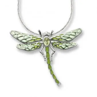 Plique-a-Jour Enamel on Sterling Silver Dragonfly Necklace-Green. Set with Diamonds and Peridot.