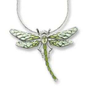 Plique-a-Jour Enamel on Sterling Silver Dragonfly Necklace-Green. Set with Diamonds and Peridot.