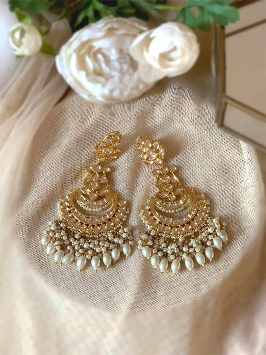 Polki Chandbali Droplet Earring Green