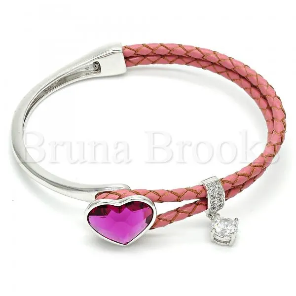 Rhodium Plated Individual Bangle, Heart Design, with Swarovski Crystals and Micro Pave, Rhodium Tone