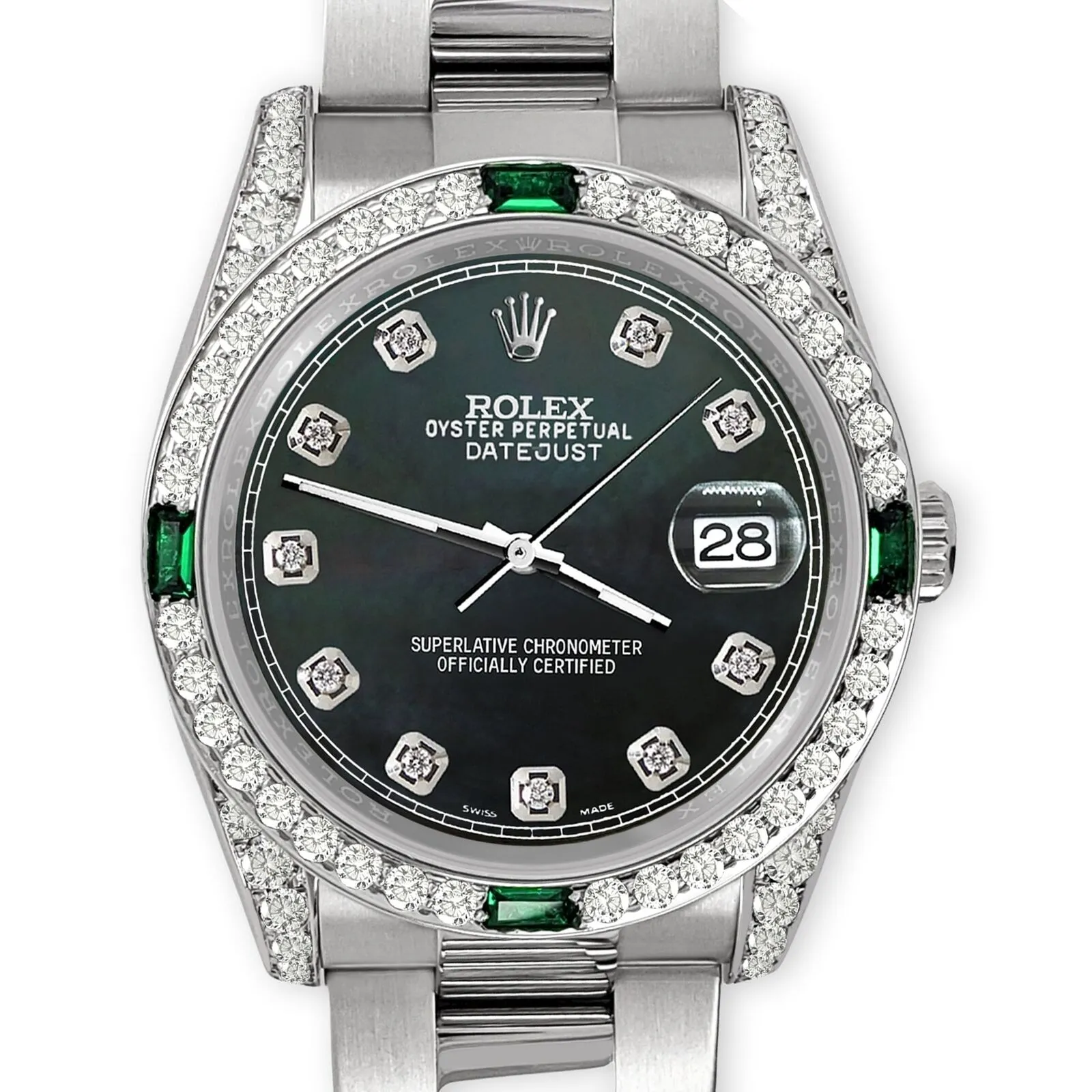 Rolex Datejust 36mm Steel Watch Diamond &amp; Emerald Bezel/Lugs/Black MOP Diamond TFJ-142508492