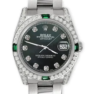 Rolex Datejust 36mm Steel Watch Diamond &amp; Emerald Bezel/Lugs/Black MOP Diamond TFJ-142508492