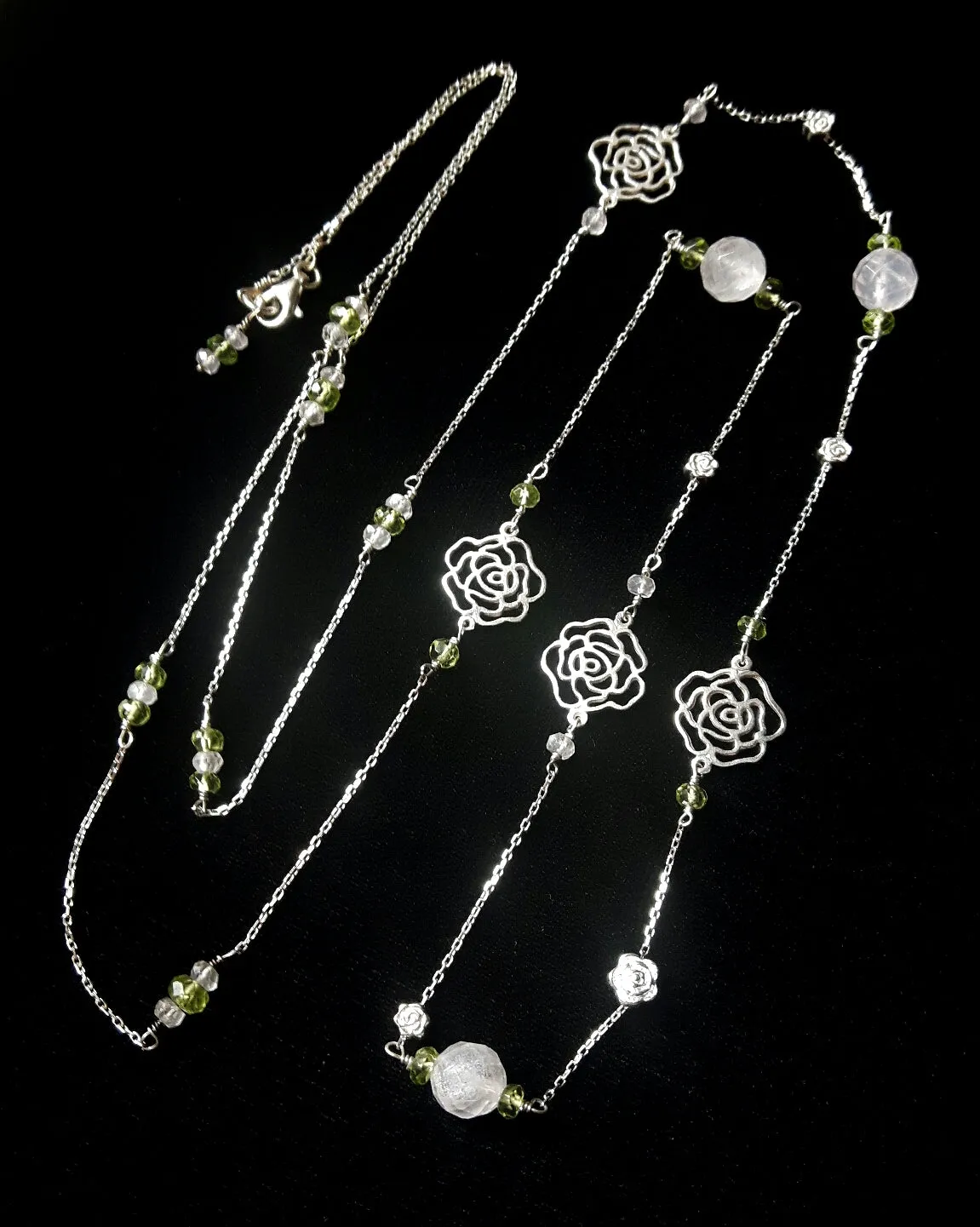 Rose Quartz & Peridot Silver Rose Necklace