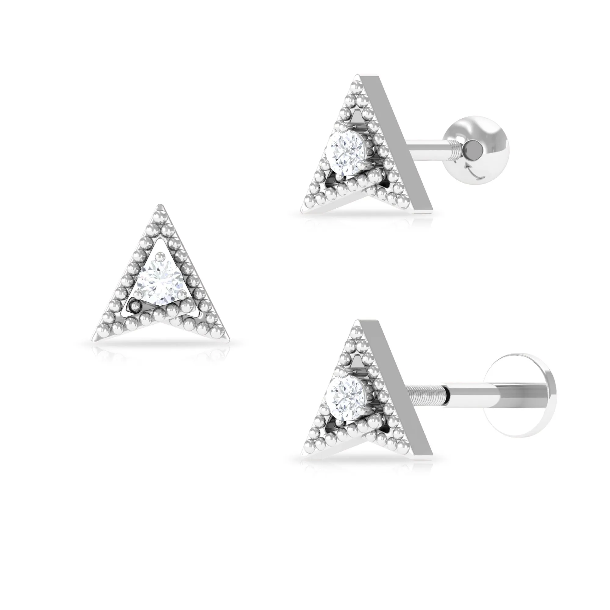 Round Moissanite Gold Beaded Triangle Earring for Helix Piercing