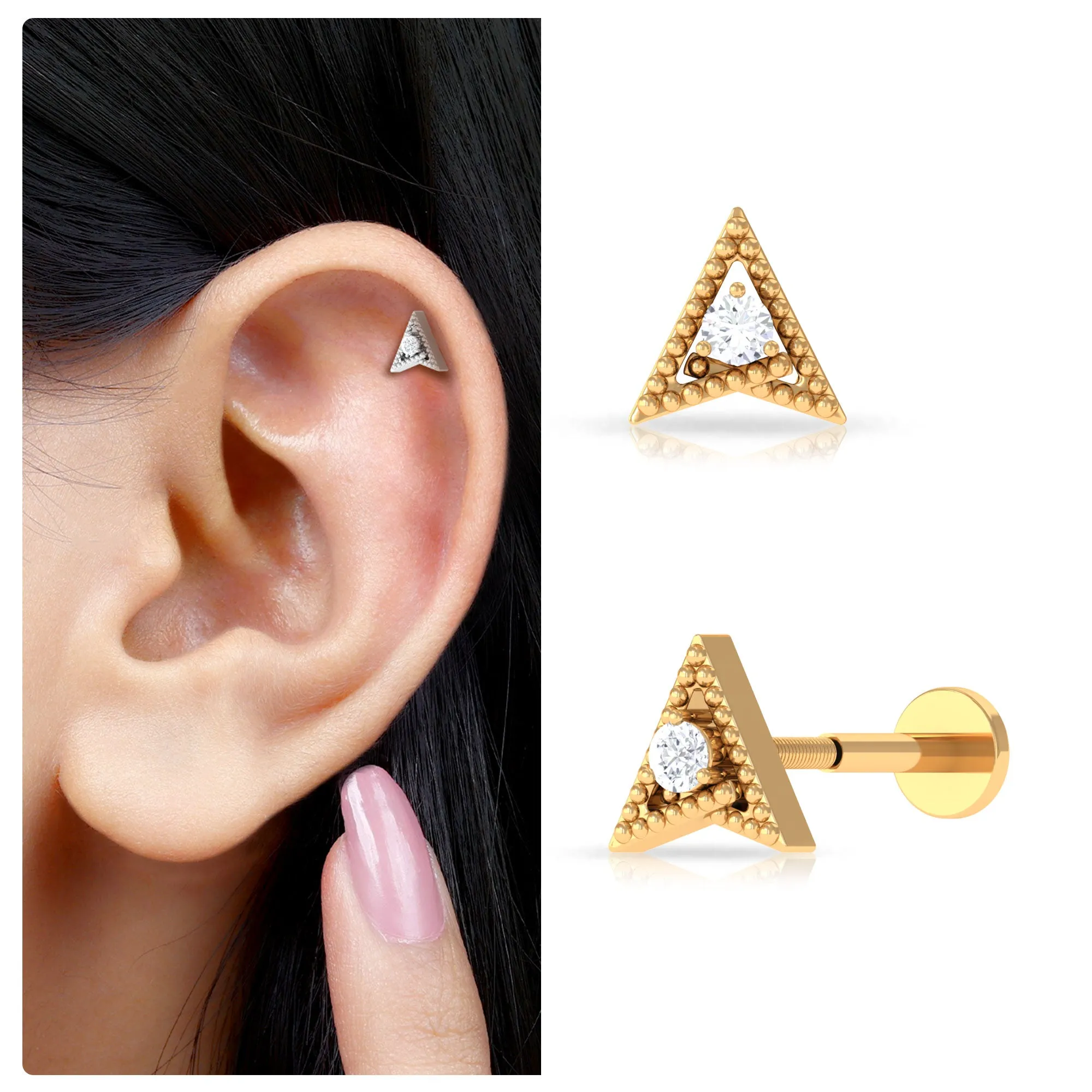 Round Moissanite Gold Beaded Triangle Earring for Helix Piercing