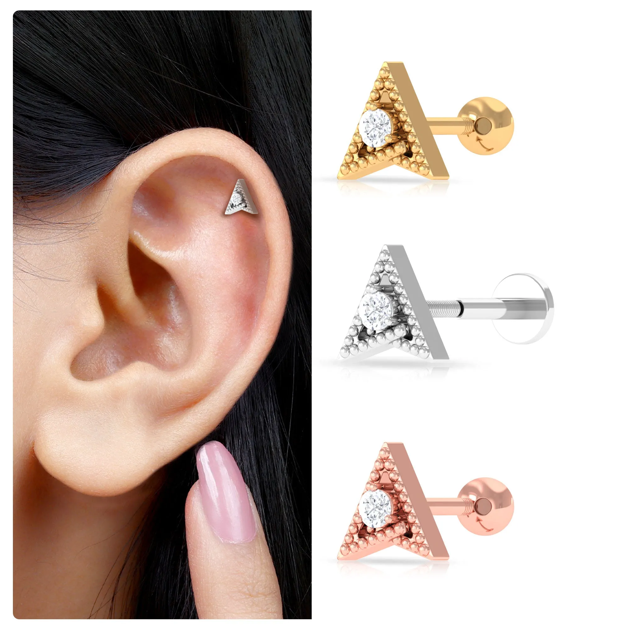 Round Moissanite Gold Beaded Triangle Earring for Helix Piercing