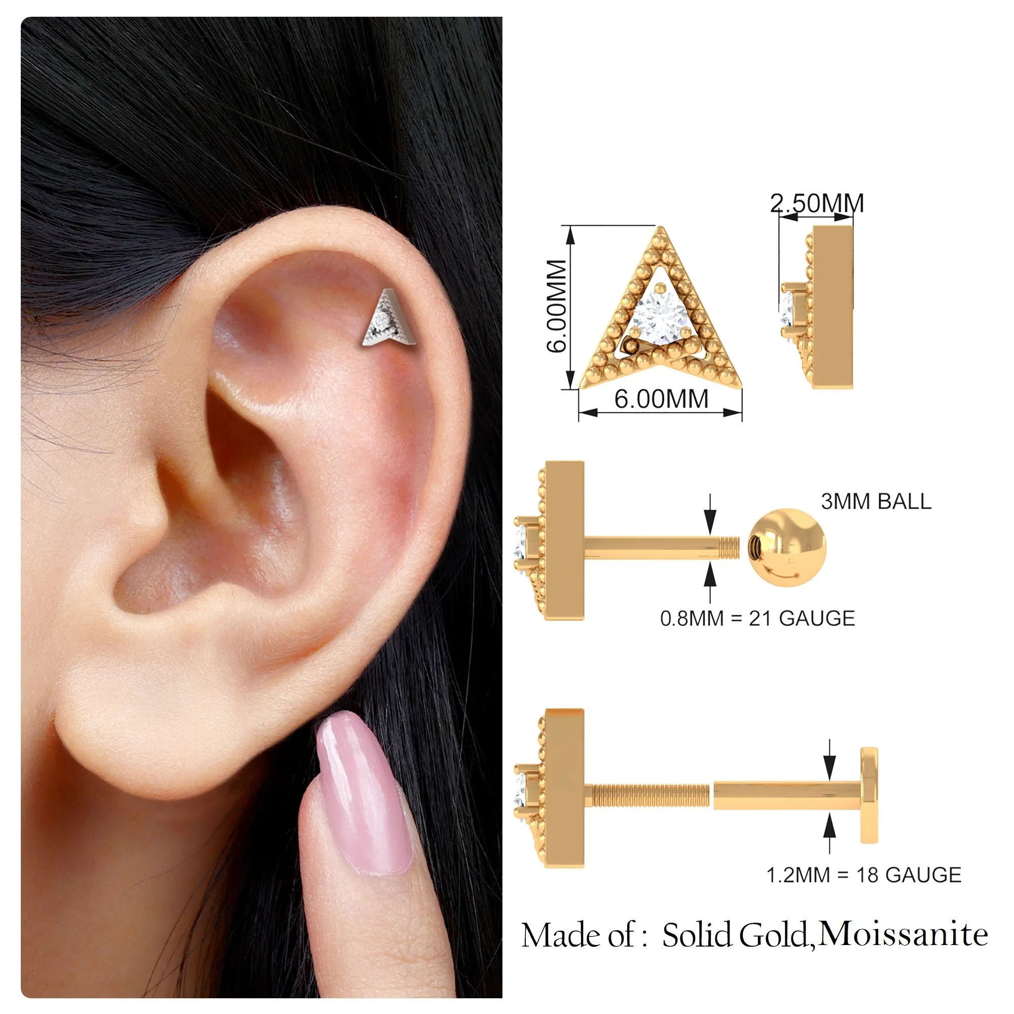 Round Moissanite Gold Beaded Triangle Earring for Helix Piercing