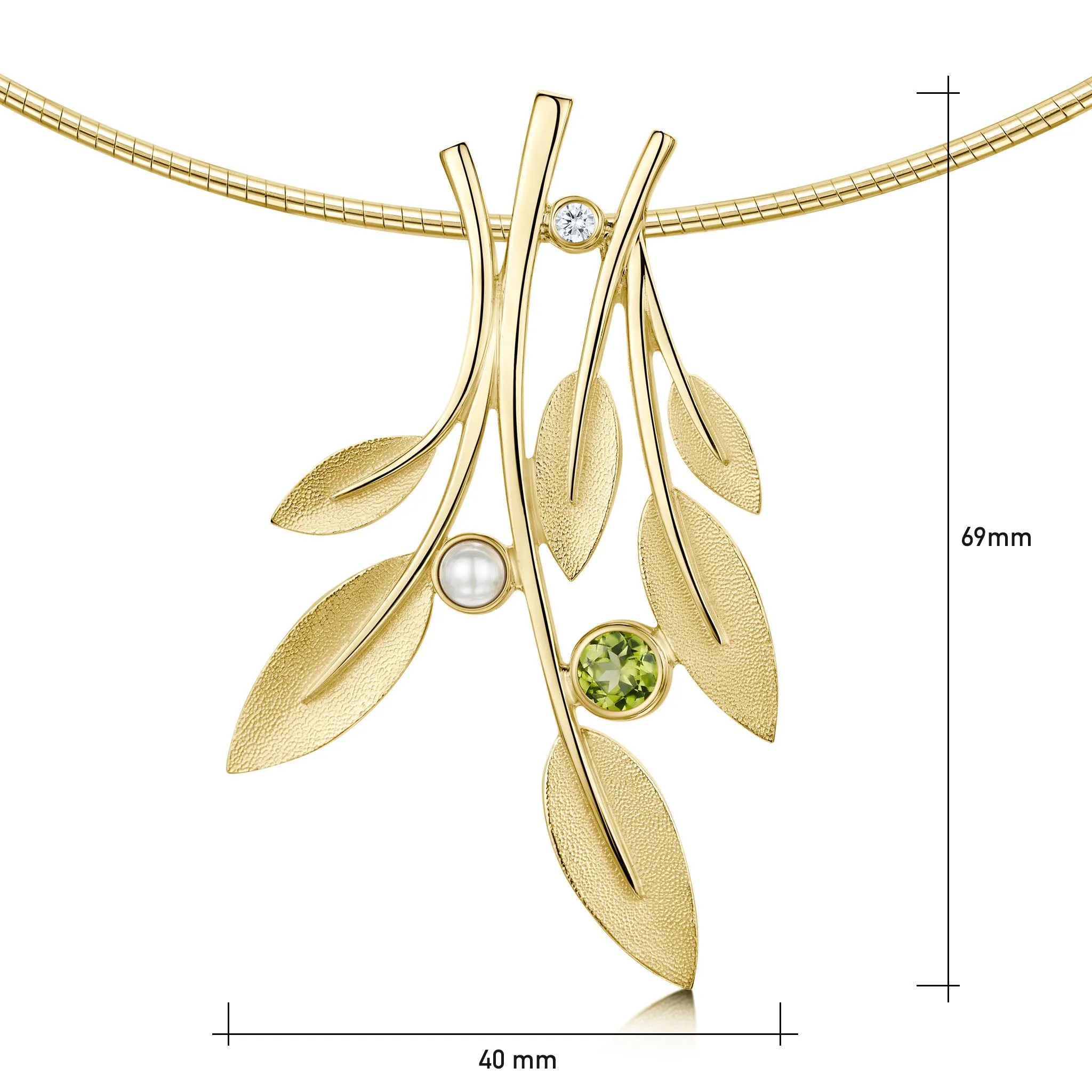 Rowan Occasion Necklace in 9ct Yellow Gold with Peridot, Pearl & Diamond