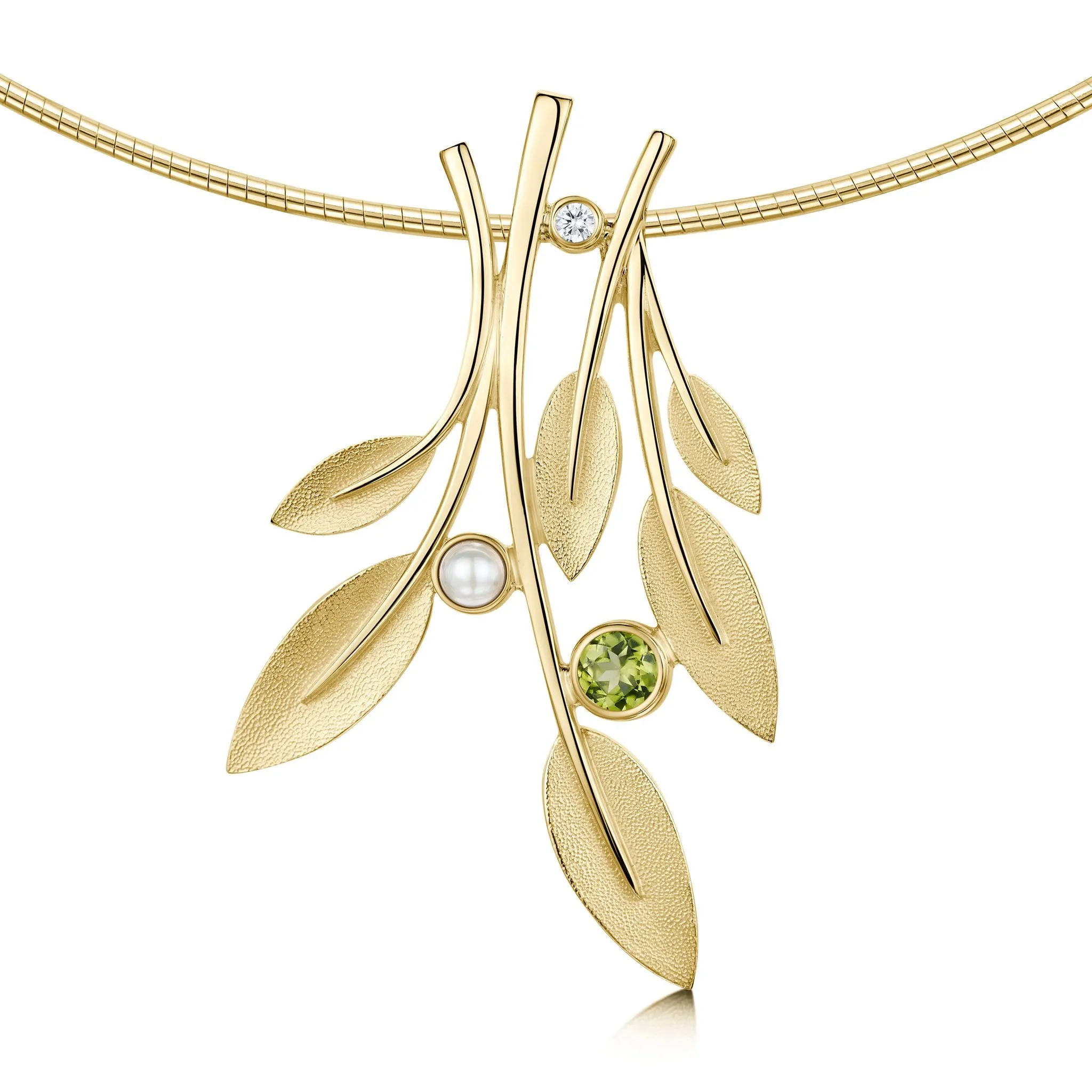 Rowan Occasion Necklace in 9ct Yellow Gold with Peridot, Pearl & Diamond