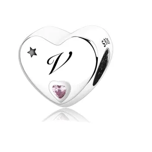 S925 Silver New Alphabet Initial Letter V Heart Charm For Bracelet and Necklace