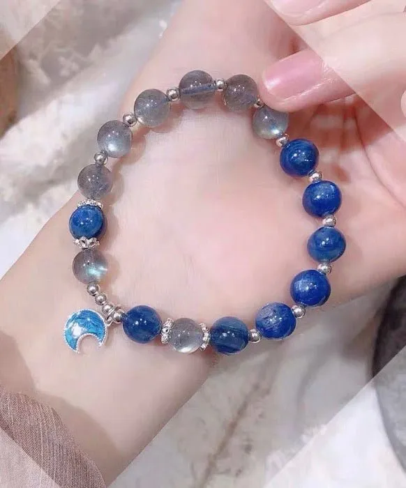 S925 Sterling Silver Blue Kyanite Mix Moonstone Crystal Bracelet