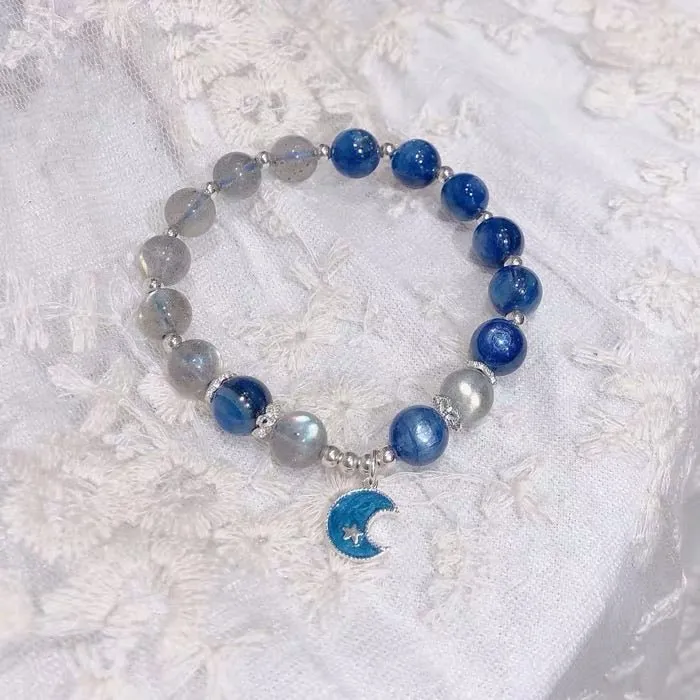 S925 Sterling Silver Blue Kyanite Mix Moonstone Crystal Bracelet