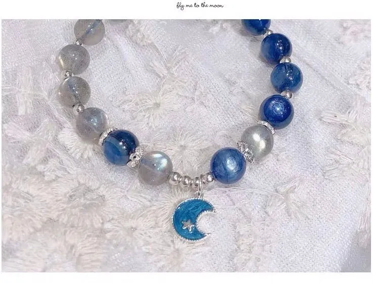 S925 Sterling Silver Blue Kyanite Mix Moonstone Crystal Bracelet
