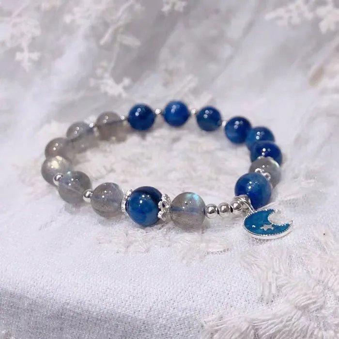 S925 Sterling Silver Blue Kyanite Mix Moonstone Crystal Bracelet