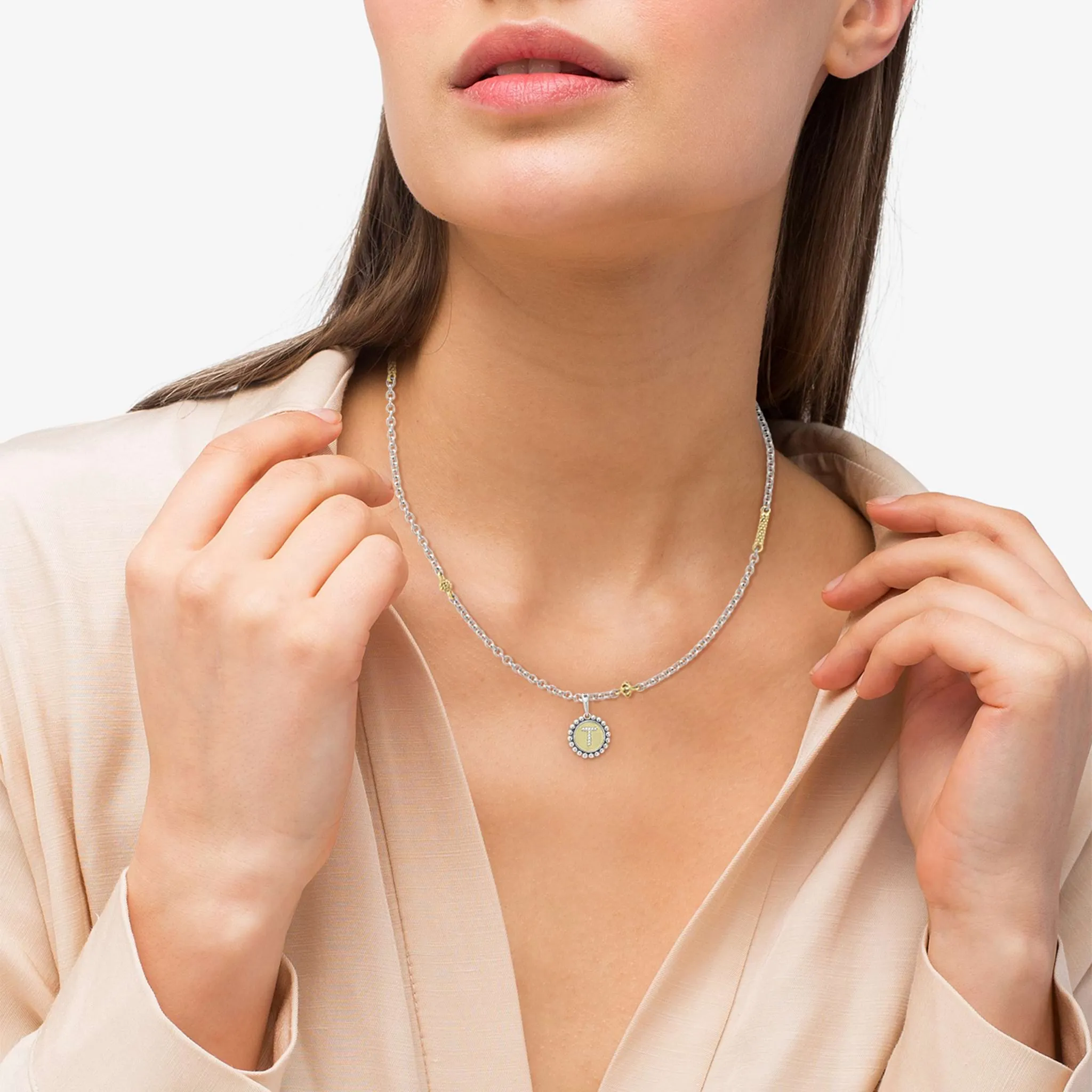 Signature Caviar T Initial Diamond Charm Necklace