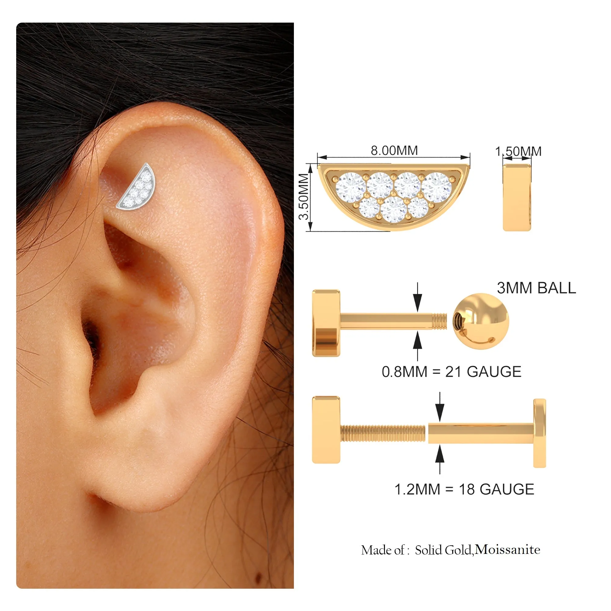 Simple Moissanite Half Circle Earring for Helix Piercing