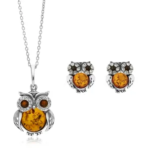 Sterling Silver Amber & CZ Owl Pendant & Stud Earring Set