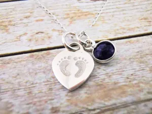 Sterling Silver Baby Footprint Gemstone Necklace