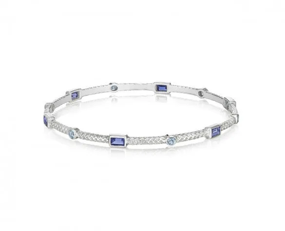 Sterling Silver Burlap 3mm Bangle with Faceted Baguette Iolite and Round Blue Topaz