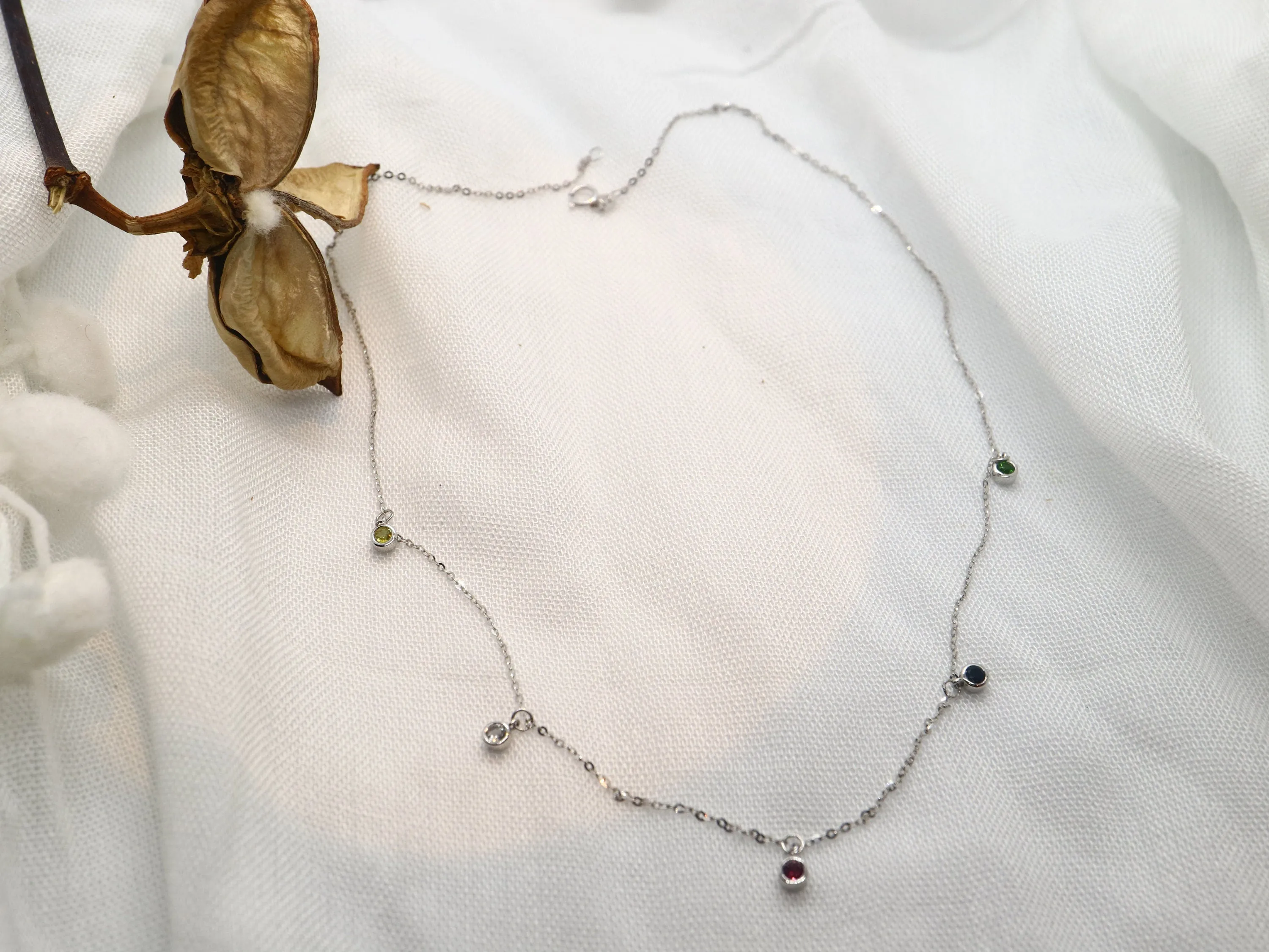 Sterling silver diamond station necklace, 18k white gold  five charms choker necklace for women