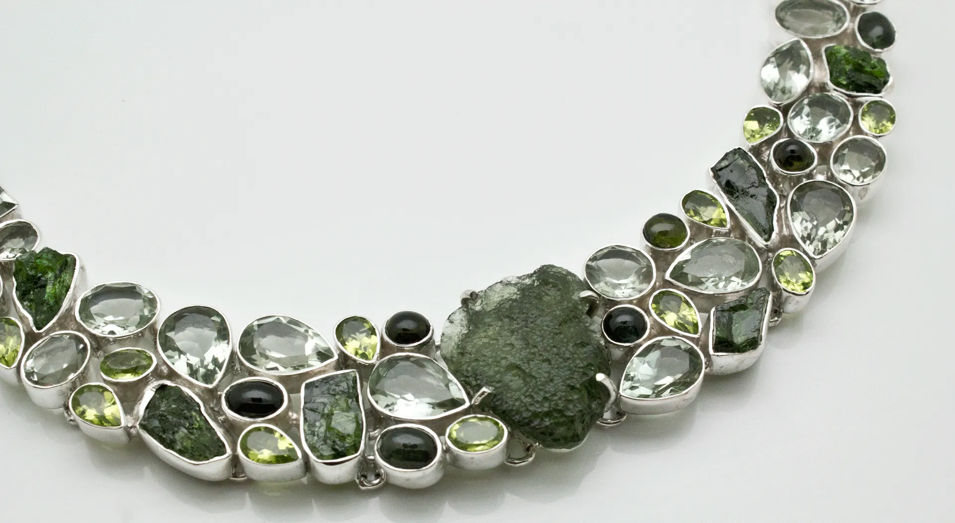 Sterling Silver Moldavite with Chrome Diopside, Green Amethyst and Peridot Necklace