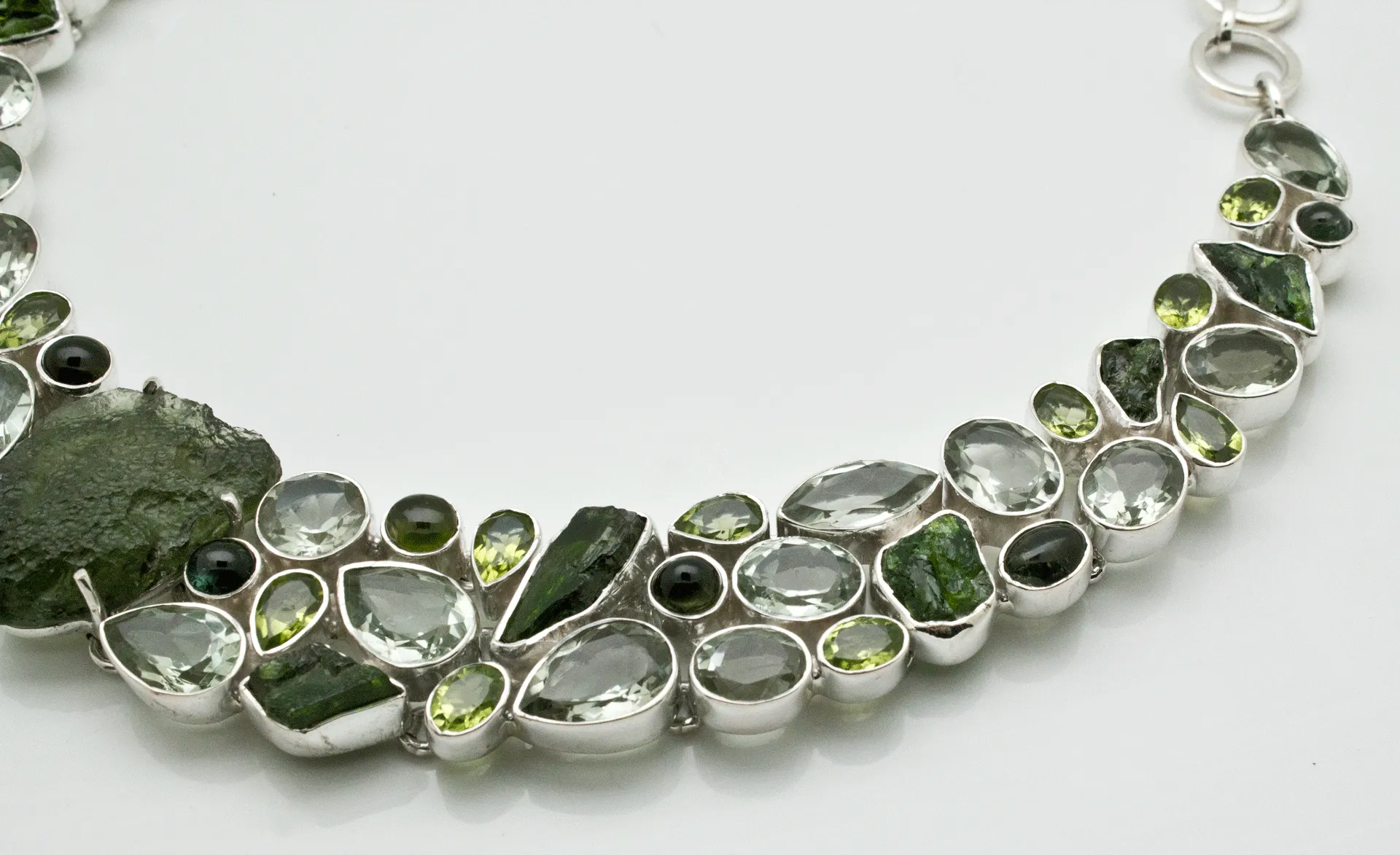 Sterling Silver Moldavite with Chrome Diopside, Green Amethyst and Peridot Necklace