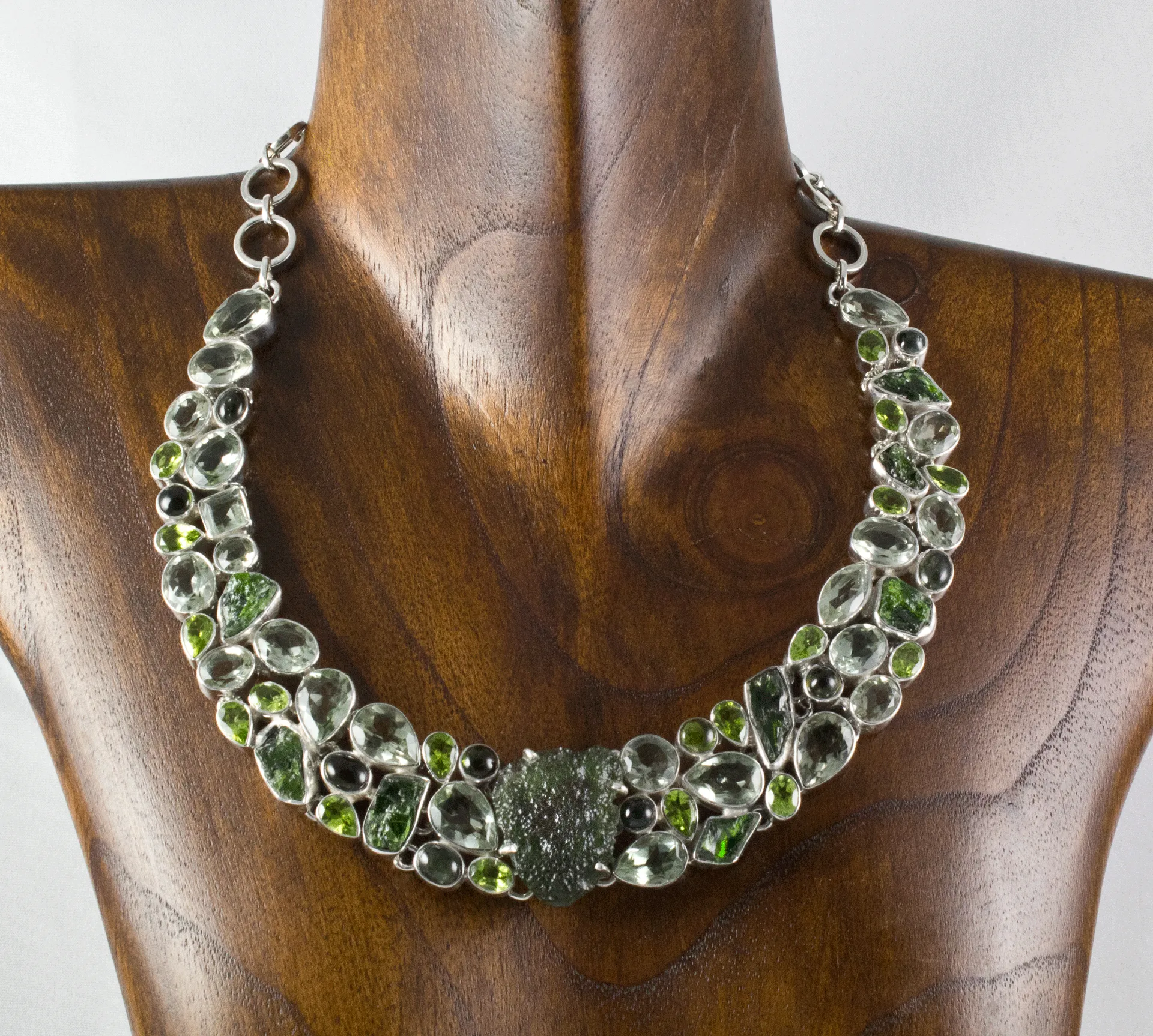 Sterling Silver Moldavite with Chrome Diopside, Green Amethyst and Peridot Necklace