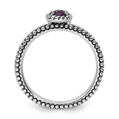 Sterling Silver Stackable Expressions Checker-Cut Amethyst Antiqued Ring