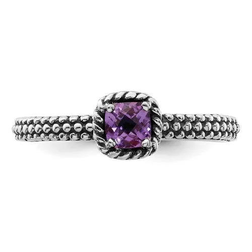Sterling Silver Stackable Expressions Checker-Cut Amethyst Antiqued Ring