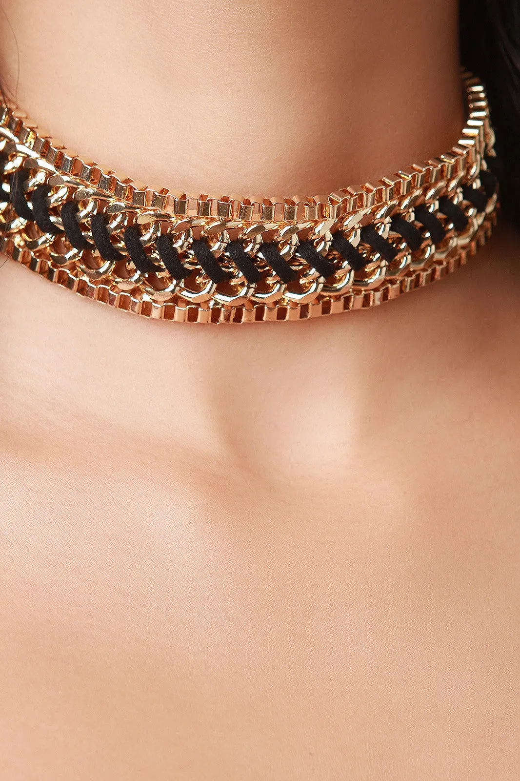 Suede Wrap Chain Link Choker Necklace and Earrings Set