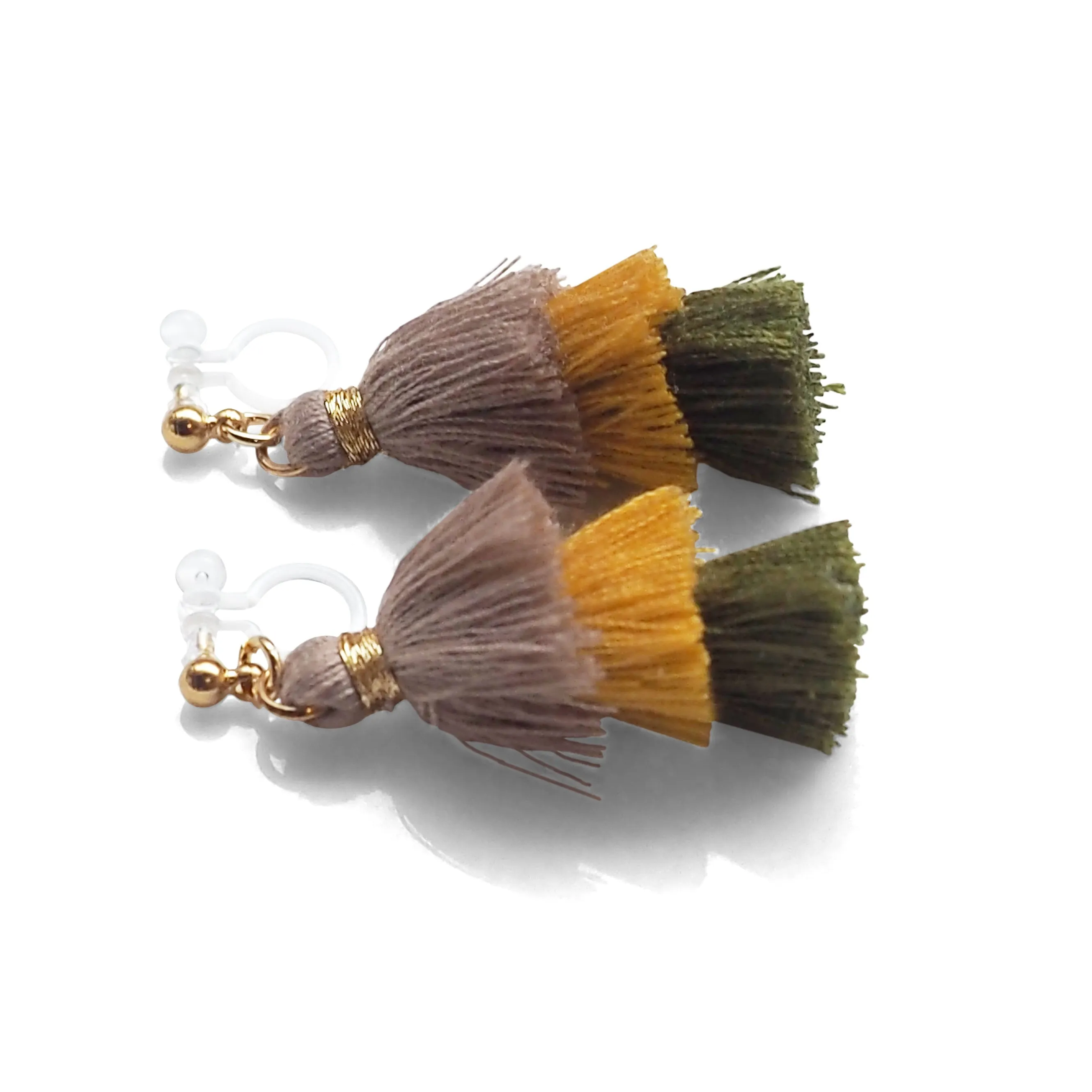 Three Layered Ombre Stacked Beige Yellow Green Tiered Tassel Invisible Clip On Earrings