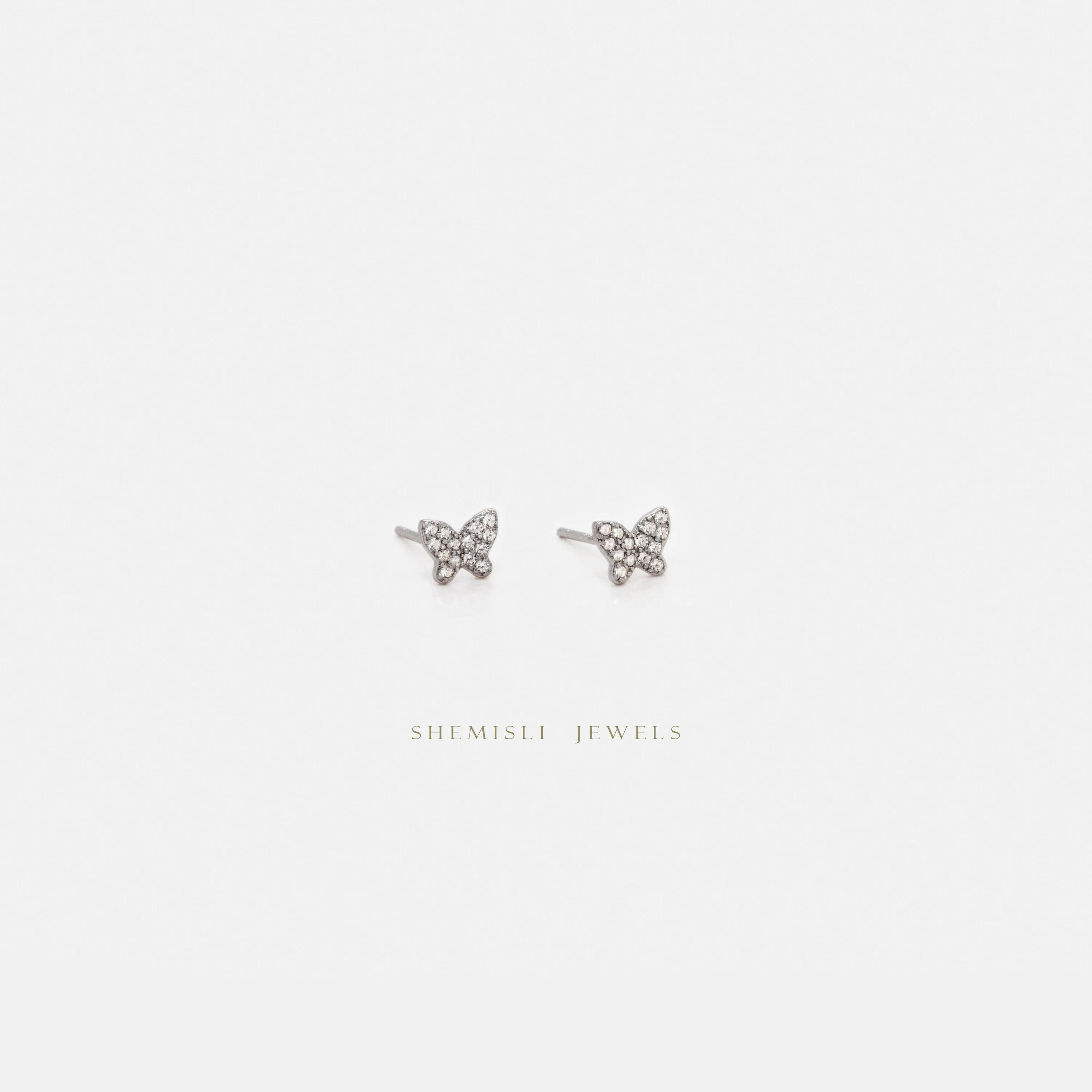 Tiny Paved CZ Butterfly Studs Earrings, Unisex, Gold, Silver SHEMISLI - SS338