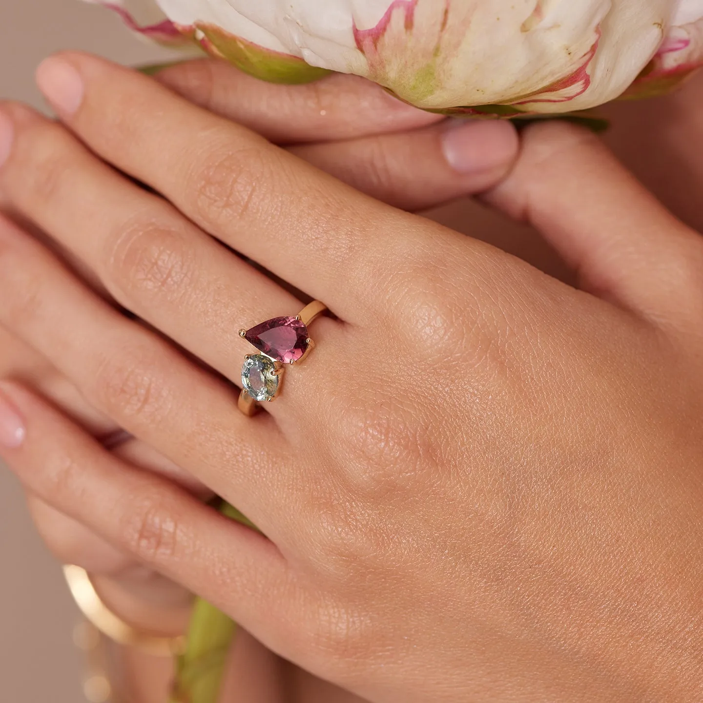 Tourmaline & Parti Sapphire Twin 14K Yellow Gold Ring