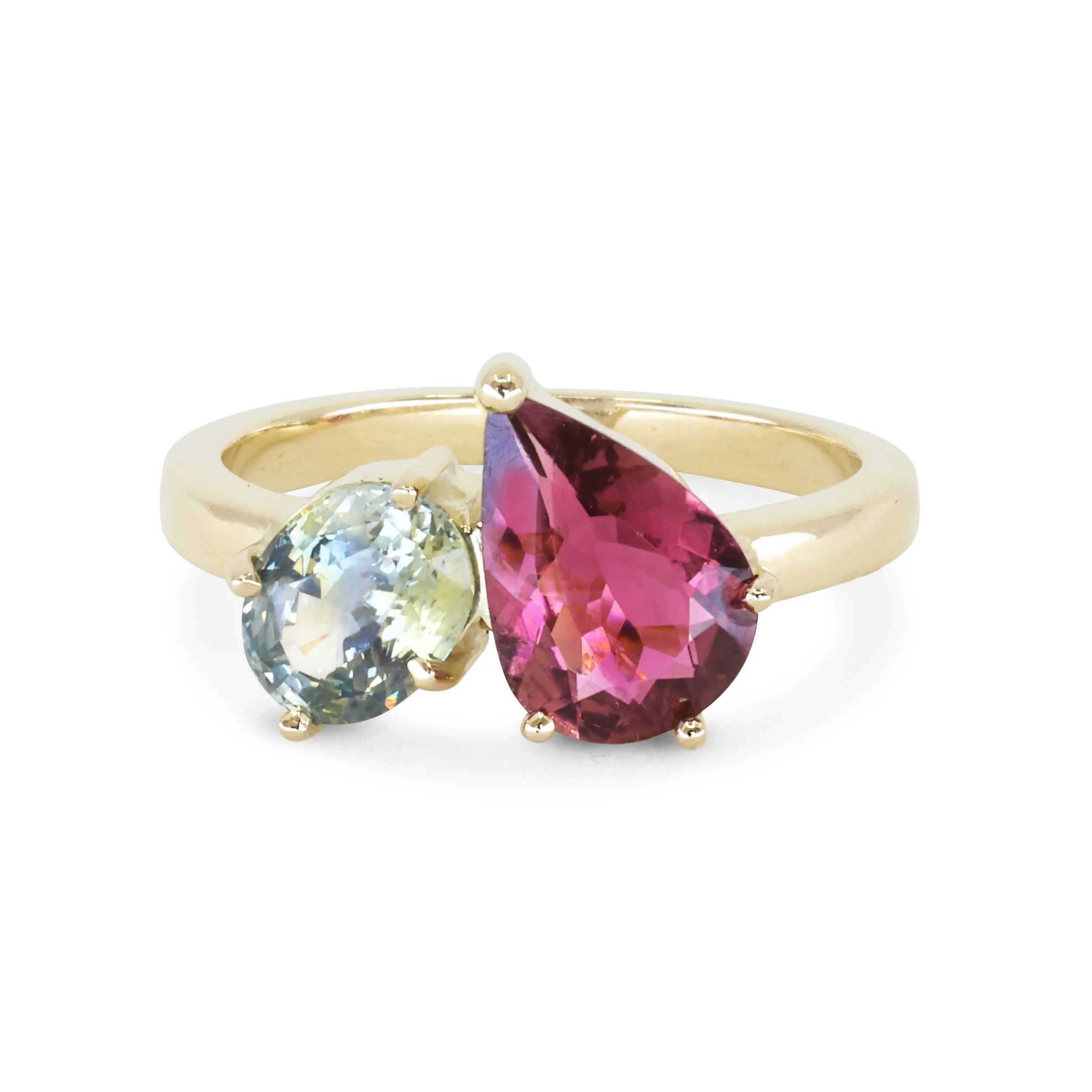 Tourmaline & Parti Sapphire Twin 14K Yellow Gold Ring