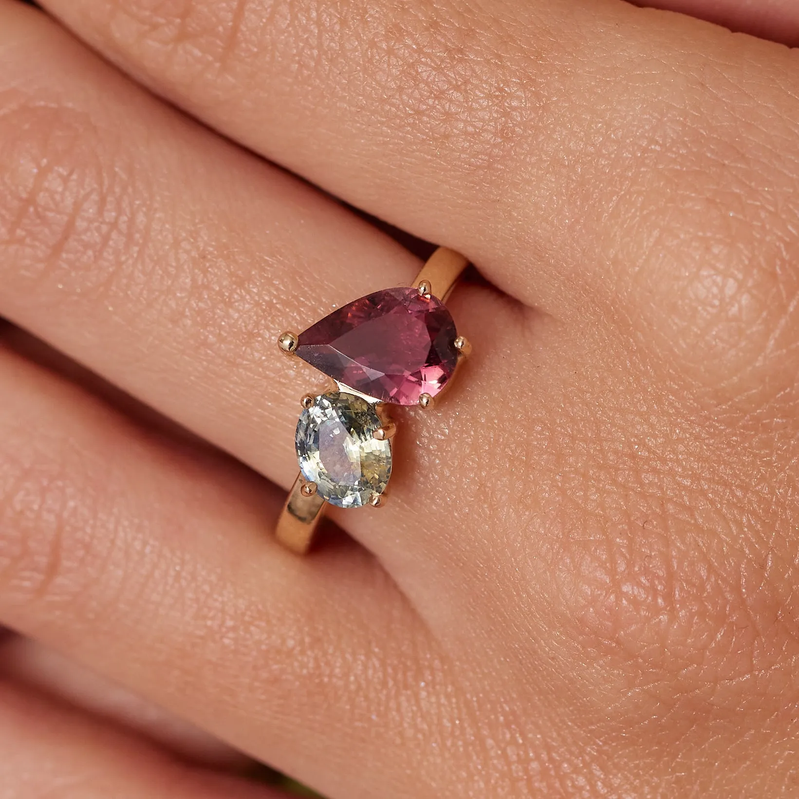 Tourmaline & Parti Sapphire Twin 14K Yellow Gold Ring