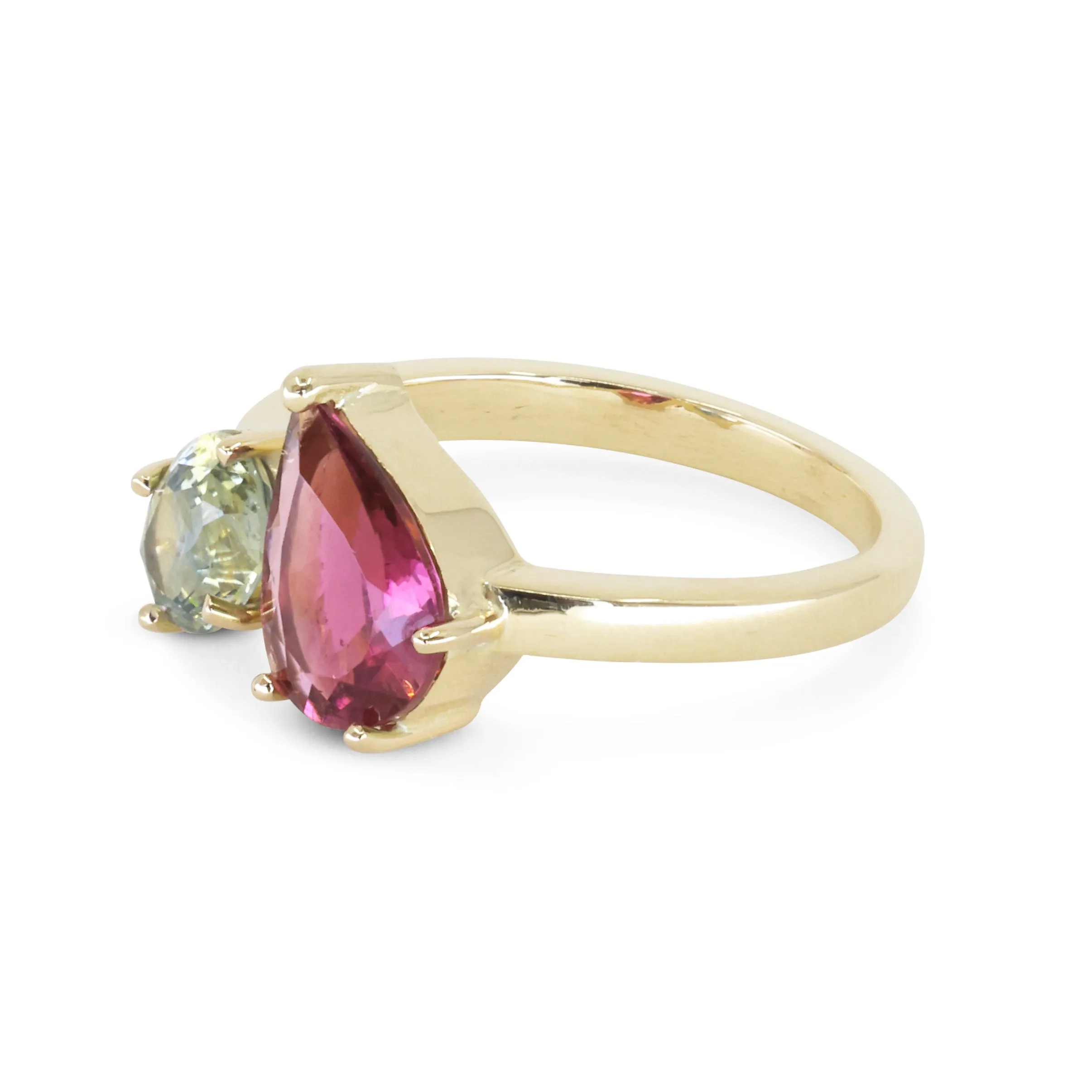 Tourmaline & Parti Sapphire Twin 14K Yellow Gold Ring